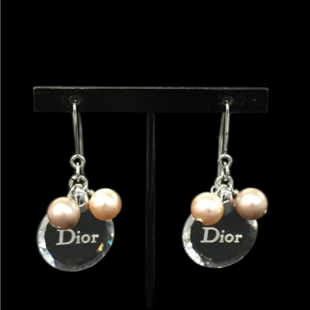 Christian Dior Logo Pearl Clear Silver Tone Pierced Earrings #1742